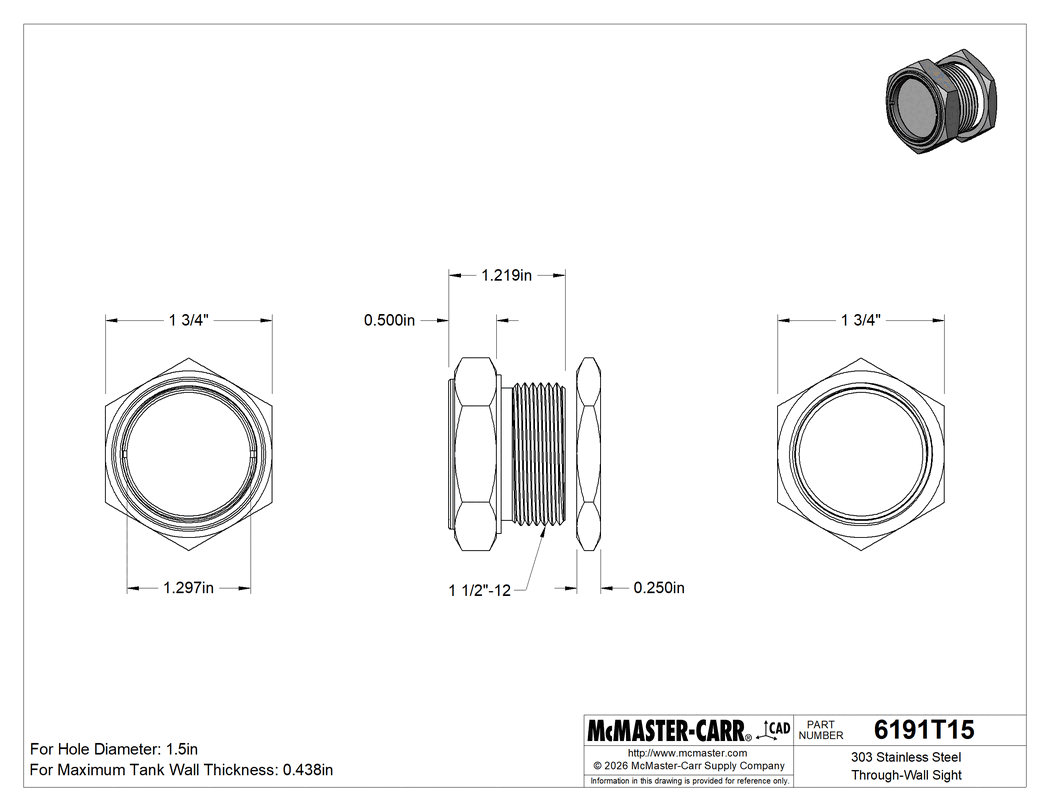 Technical Drawing of 303 Stainless Steel Through-Wall Sight, for Clear Liquid for 1-1/2" Diameter Hole.